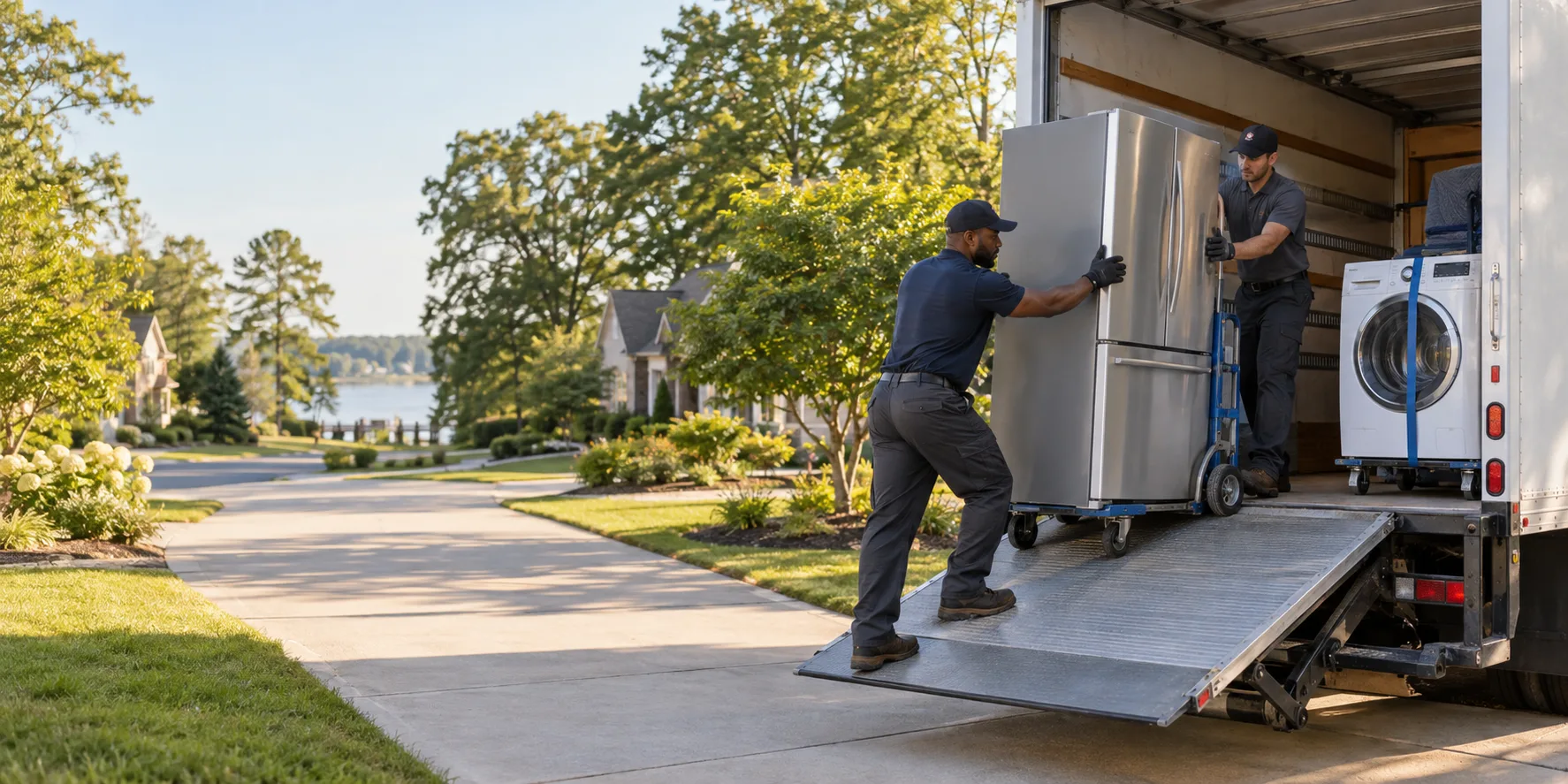 Appliance removal crew loading a refrigerator into a box truck