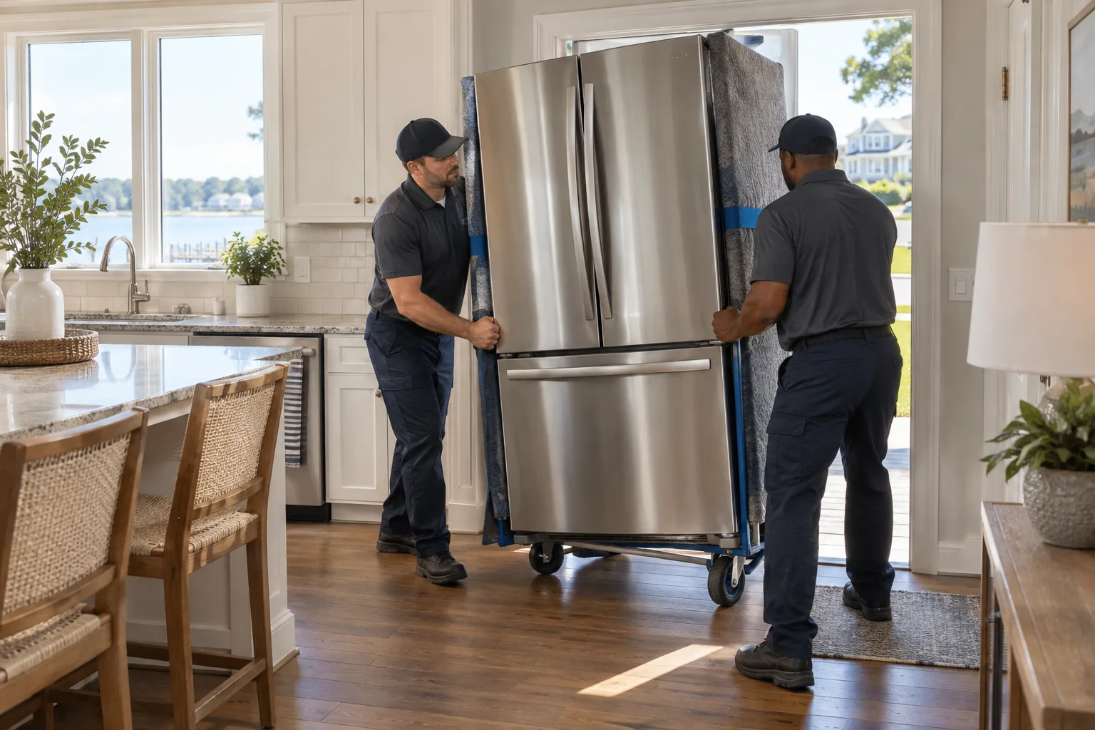 Crew moving a refrigerator through a protected kitchen doorway